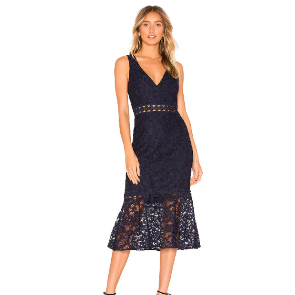 Bardot Lace overlay Blue Evening Dress, Size 6